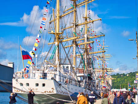 ROUEN, FRANCE - JUNE Circa, 2019. Part of the Russian barque three-masted square-rigged schooner MIR on the Seine river for Armada exhibition in France. Russian training vessel for sailors captain. Soviet sobrietyのeditorial素材