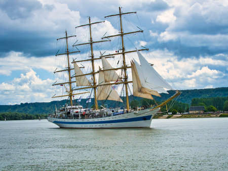 ROUEN, FRANCE - JUNE Circa, 2019. The Russian barque three-masted square-rigged schooner MIR on the...