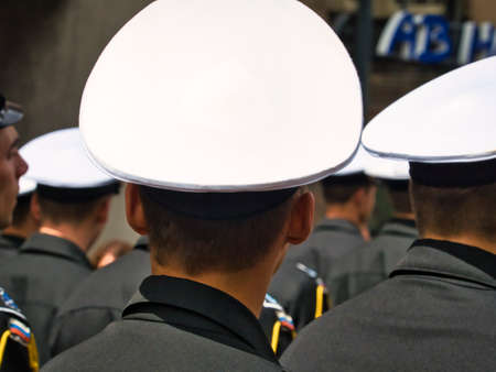 ROUEN, FRANCE - JUNE Circa, 2019. Unidentified Sailors parade in streets at the festival of the Navy., Walking, playing music. Armada, most important sailboats meeting in the world with schonners, frigates, navy.のeditorial素材