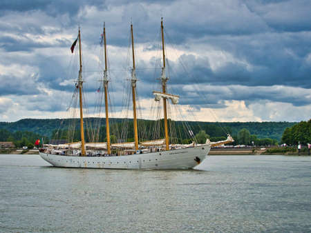 ROUEN, FRANCE - JUNE Circa, 2019. The four masted ailing ship Santa Maria Manuela, ex Portuguese white fleet Lugger on the Seine river for Armada exhibition. Training schooner for young sailors. Impeccable linesのeditorial素材