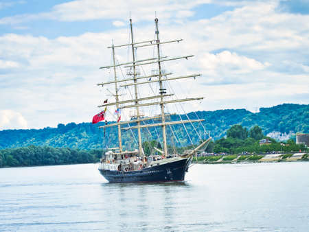 ROUEN, FRANCE - JUNE Circa, 2019. The British tall ship Tenacious, three-masted schooner, on the Seine river for Armada parade. The largest wooden sailing yachts in the world. For disabled people to sail.のeditorial素材