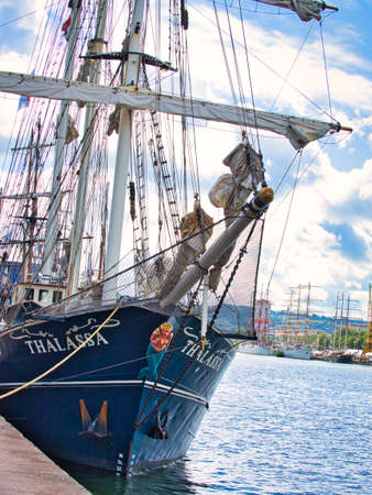 ROUEN, FRANCE - JUNE Circa, 2019. Part of the Dutch three masted schooner barquentine Thalassa on...