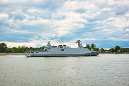 ROUEN, FRANCE JUNE Circa, 2019. Tarik Ben Ziyad frigate boat from morocco, at Armada exhibition...