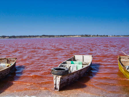 SENEGAL, AFRICA - MARSCH Circa, 2016. Unidentified Black african man and woman at Pink lake in Senegal, where farmer come to take out the salt from the sea. Very hard job. Vibrant colorsのeditorial素材