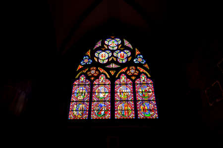 BAYEUX, FRANCE - SEPTEMBER Circa, 2020. Colored glass, stained window cathedral Notre Dame, gothic church. Famous place for tourismのeditorial素材