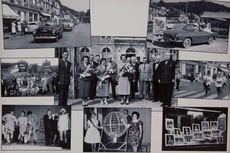 NORMANDY, FRANCE. -AUGUST Circa, 1944. After allied american and british help, the end of the world war 2, with peaceful signs like people sitting and talking together. With citroen U23 truck in the background. Noise due to film photographyのeditorial素材