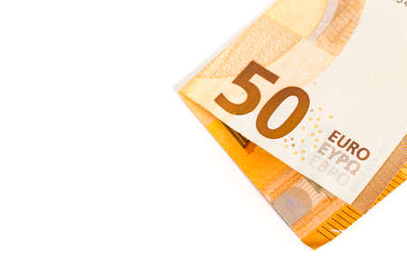 fifty euro banknotes on white background. France. Place for text