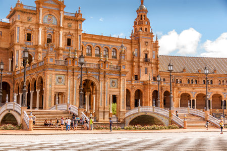 SEVILLE, SPAIN - JUNE Circa, 2020. nobody walking near fountain at the Spain Square, Plaza de Espana. Example of Moorish and Renaissance revival. No tourists due to coronavirusのeditorial素材