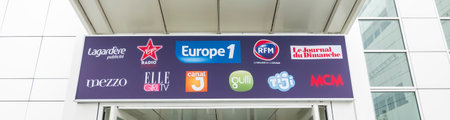PARIS, FRANCE - NOVEMBER Circa, 2019. Outdoor entrance to Europe 1 recording studio in Paris. The building houses journalists and program makers together with broadcasting studios.のeditorial素材