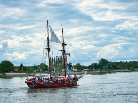 ROUEN, FRANCE - JUNE Circa, 2019. At Armada exhibition, the Spanish two masts schooner Atyla, using Esteban Vicente Jimenez designs, nineteenth century, boat called Taurus before. Serving as training ship in Europeのeditorial素材