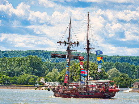 ROUEN, FRANCE - JUNE Circa, 2019. At Armada exhibition, the Spanish two masts schooner Atyla, using Esteban Vicente Jimenez designs, nineteenth century, boat called Taurus before. Serving as training ship in Europeのeditorial素材