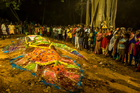 PUDUCHERRY, INDIA - DECEMBER Circa, 2019. Religious hindu holiday. Festive night festival to celebrate Ganesh, gods. Puja celebrationのeditorial素材