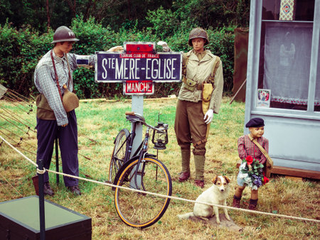 SAINTE MERE L'EGLISE, NORMANDY, FRANCE - JUNE 6 2023. Second world war commemoration. Military camp...