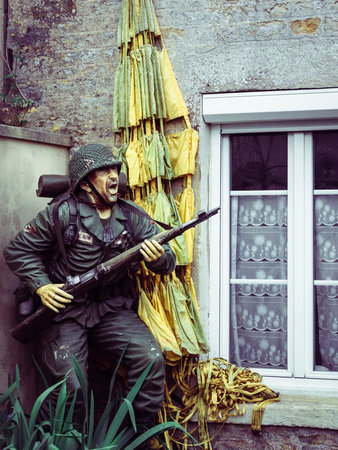 SAINTE MERE L'EGLISE, NORMANDY, FRANCE - JUNE 6 2023. Second world war commemoration. Military camp...