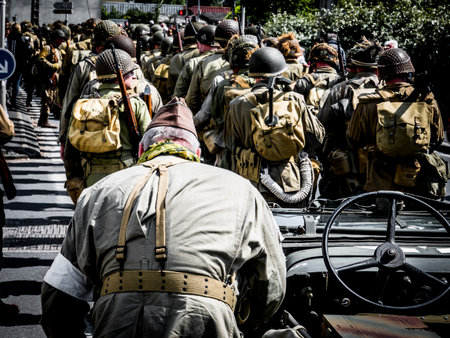 SAINTE MERE L'EGLISE, NORMANDY, FRANCE - JUNE 6 2023. Second world war commemoration. Military camp...