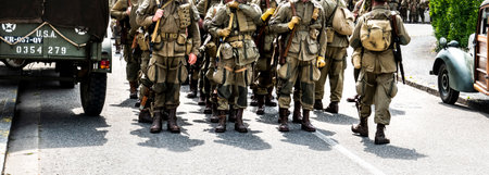 SAINTE MERE L'EGLISE, NORMANDY, FRANCE - JUNE 6 2023. Second world war commemoration. Military camp...