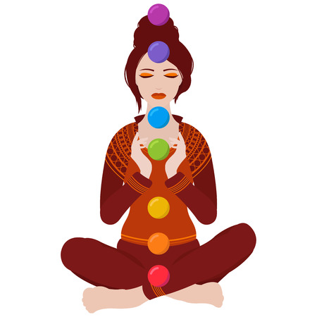 Illustration of a woman with closed eyes meditating in yoga lotus pose with colorful chakras on white backgroundのイラスト素材