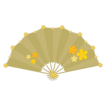 Yellow colored folding fan vector with flower decoration isolated on white backgroundのイラスト素材
