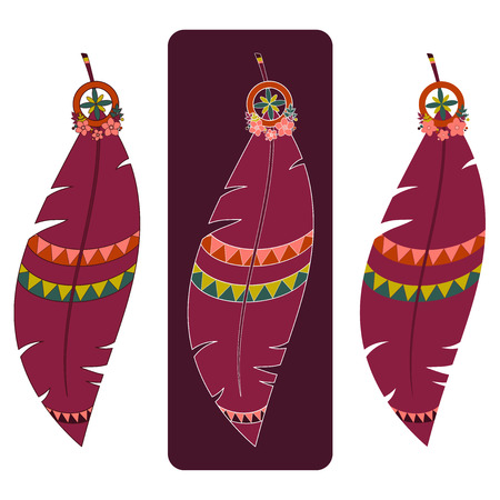 Set of three vector illustrations of boho feathers in red tones with various outlinesのイラスト素材