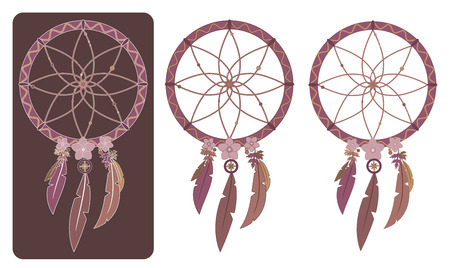 Set of three vector illustrations of multicolored boho dreamcatchers with various outlinesのイラスト素材