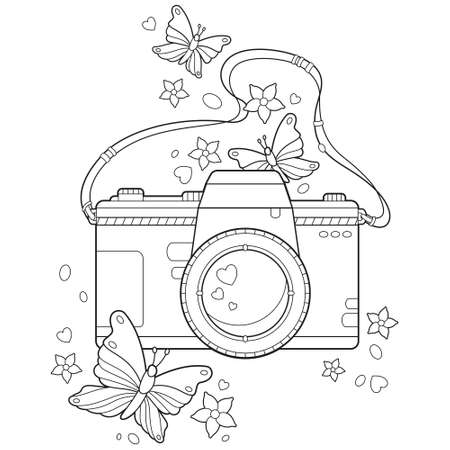 Black and white adult coloring page of a camera in boho style with butterflies and flowersのイラスト素材