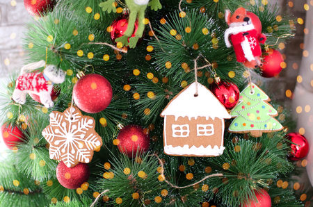 christmas tree with red balls and giftsの写真素材