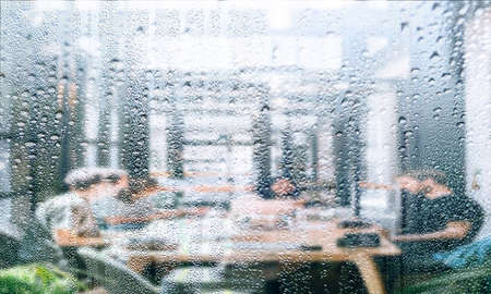 Background with rain drops close up. Rain drops on outdoor window, Closeup view transparent water...