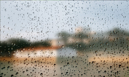 Background with rain drops close up. Rain drops on outdoor window, Closeup view transparent water drops on glass surface, humid water backdrop, blurred background with copy space for your textの写真素材