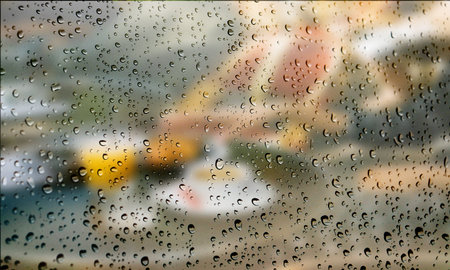 Background with rain drops close up. Rain drops on outdoor window, Closeup view transparent water drops on glass surface, humid water backdrop, blurred background with copy space for your textの写真素材