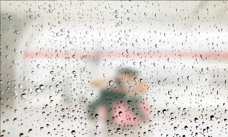 Background with rain drops close up. Rain drops on outdoor window, Closeup view transparent water...