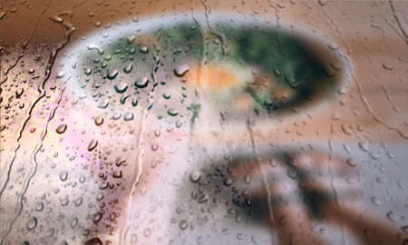 Background with rain drops close up. Rain drops on outdoor window, Closeup view transparent water drops on glass surface, humid water backdrop, blurred background with copy space for your textの写真素材