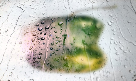 Background with rain drops close up. Rain drops on outdoor window, Closeup view transparent water drops on glass surface, humid water backdrop, blurred background with copy space for your textの写真素材