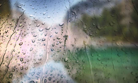 Background with rain drops close up. Rain drops on outdoor window, Closeup view transparent water...