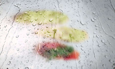 Background with rain drops close up. Rain drops on outdoor window, Closeup view transparent water drops on glass surface, humid water backdrop, blurred background with copy space for your textの写真素材