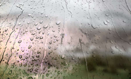 Background with rain drops close up. Rain drops on outdoor window, Closeup view transparent water drops on glass surface, humid water backdrop, blurred background with copy space for your textの写真素材