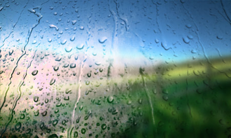 Background with rain drops close up. Rain drops on outdoor window, Closeup view transparent water...