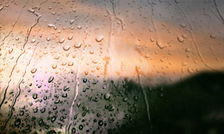 Background with rain drops close up. Rain drops on outdoor window, Closeup view transparent water...