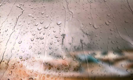 Background with rain drops close up. Rain drops on outdoor window, Closeup view transparent water drops on glass surface, humid water backdrop, blurred background with copy space for your textの写真素材