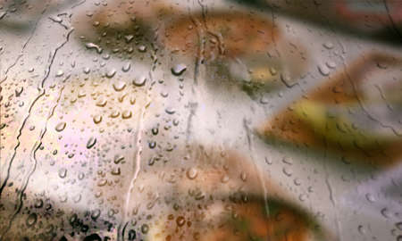 Background with rain drops close up. Rain drops on outdoor window, Closeup view transparent water drops on glass surface, humid water backdrop, blurred background with copy space for your textの写真素材