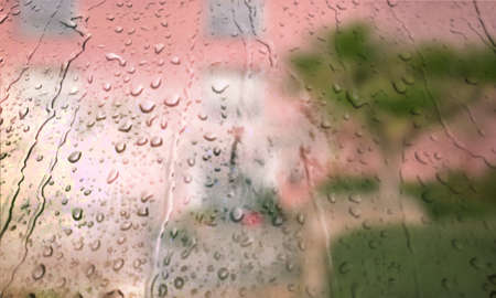 Background with rain drops close up. Rain drops on outdoor window, Closeup view transparent water drops on glass surface, humid water backdrop, blurred background with copy space for your textの写真素材