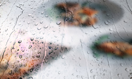 Background with rain drops close up. Rain drops on outdoor window, Closeup view transparent water...
