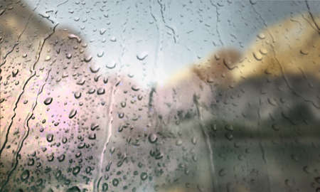 Background with rain drops close up. Rain drops on outdoor window, Closeup view transparent water drops on glass surface, humid water backdrop, blurred background with copy space for your textの写真素材