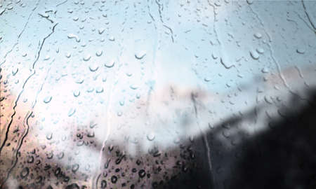 Background with rain drops close up. Rain drops on outdoor window, Closeup view transparent water...