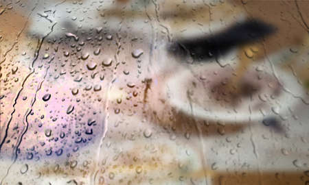 Background with rain drops close up. Rain drops on outdoor window, Closeup view transparent water drops on glass surface, humid water backdrop, blurred background with copy space for your textの写真素材