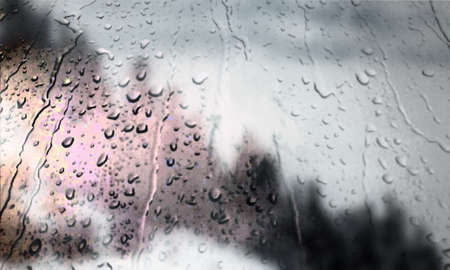 Background with rain drops close up. Rain drops on outdoor window, Closeup view transparent water...