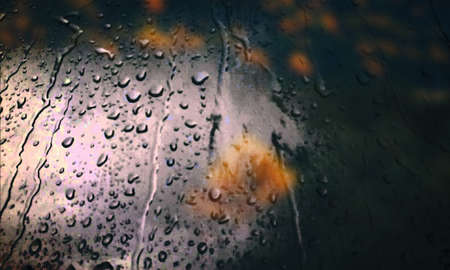 Background with rain drops close up. Rain drops on outdoor window, Closeup view transparent water...