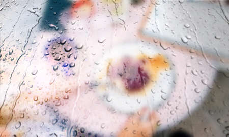Background with rain drops close up. Rain drops on outdoor window, Closeup view transparent water...