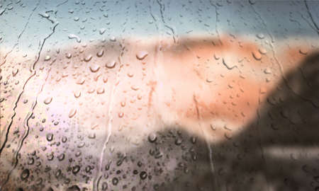 Background with rain drops close up. Rain drops on outdoor window, Closeup view transparent water...