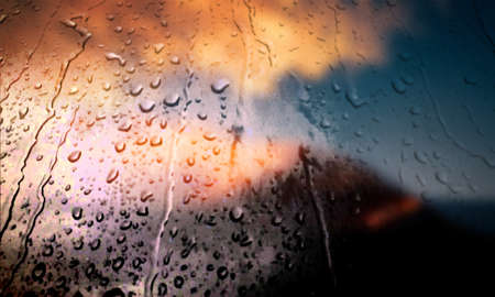 Background with rain drops close up. Rain drops on outdoor window, Closeup view transparent water...