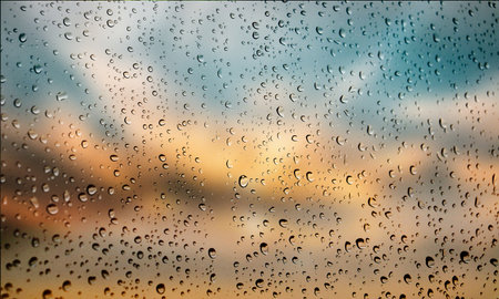 Background with rain drops close up. Rain drops on outdoor window, Closeup view transparent water drops on glass surface, humid water backdrop, blurred background with copy space for your textの写真素材
